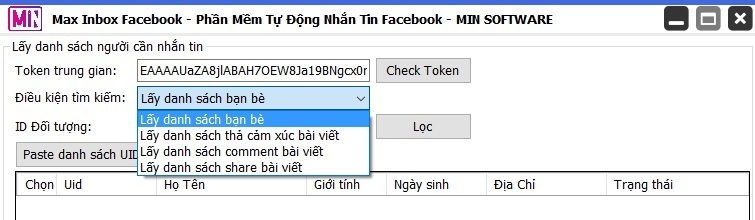Tùy chỉnh cấu hình cần lấy danh sách người dùng của phần mềm tự động nhắn tin facebook - Max Inbox Facebook Tùy chỉnh cấu hình cần lấy danh sách người dùng của tool tự động nhắn tin facebook - Max Inbox Facebook