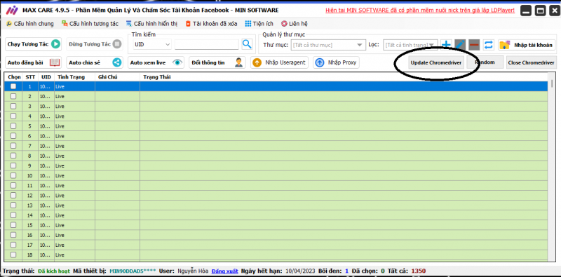Bấm trực tiếp Update Chromedriver giao diện chính của phần mềm