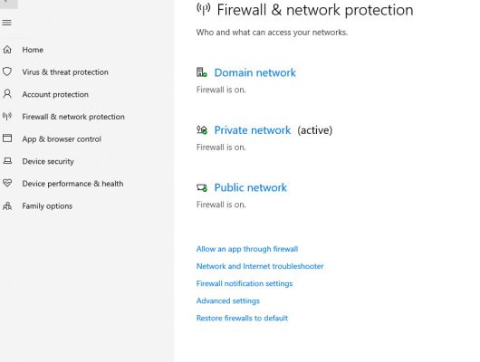 Tắt toàn bộ mục Firewall and network protection