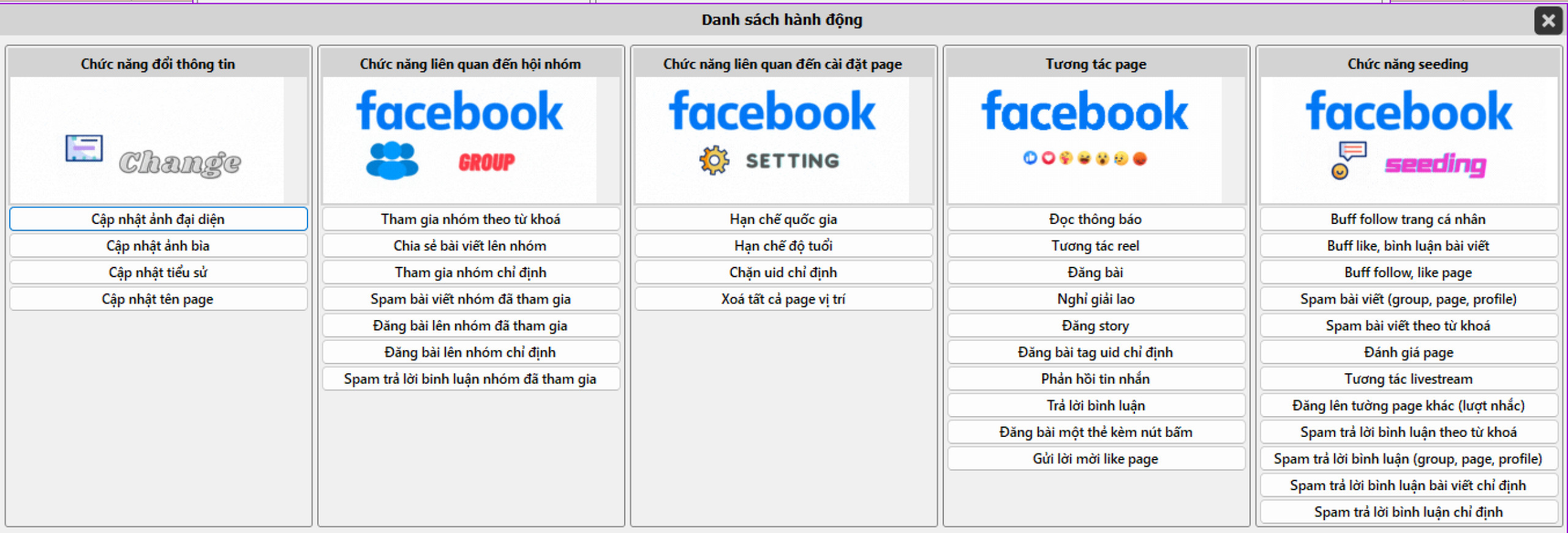 Bảng tính năng của phần mềm quản lí Fanpage Facebook